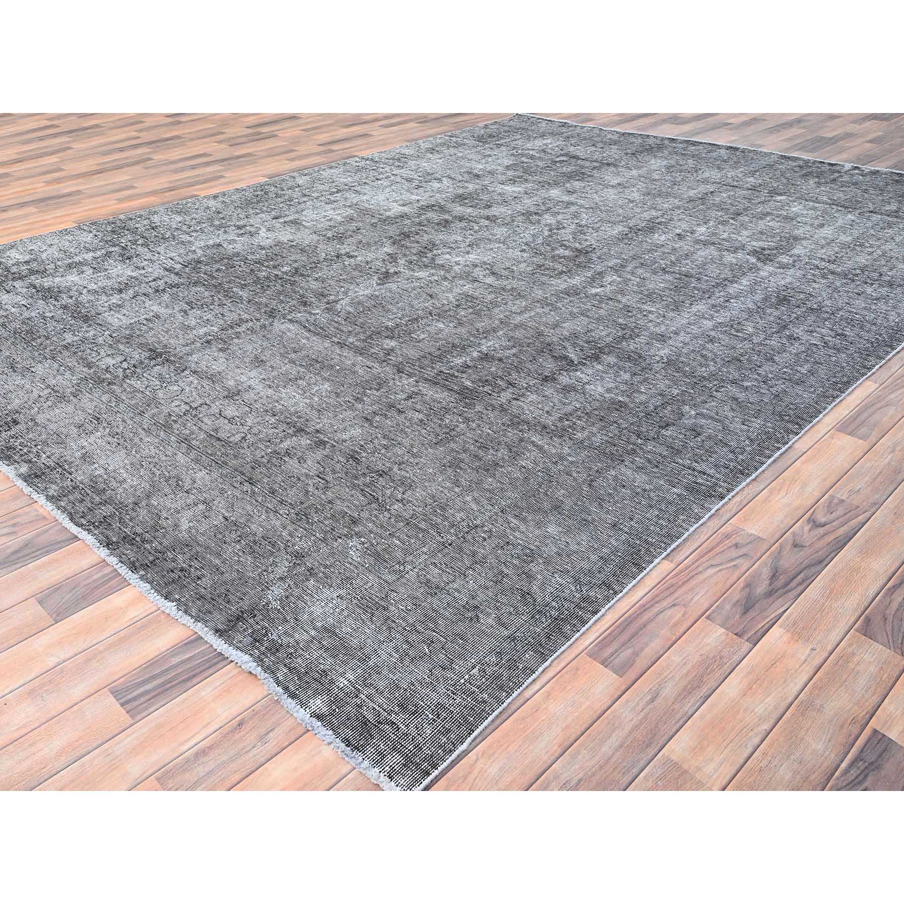9'4"x12'10" Thunder Gray, Vintage Persian Tabriz, Distressed, Cropped Thin, Overdyed, Worn Wool, Hand Knotted, Oriental Rug HR85406 - Image 3