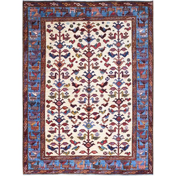 6'x7'8" Pepper White and Atlassian Blue Border, Shiny Wool, Turkish Knot With Small Birds Figurines, Hand Knotted Oriental Rug HR86983