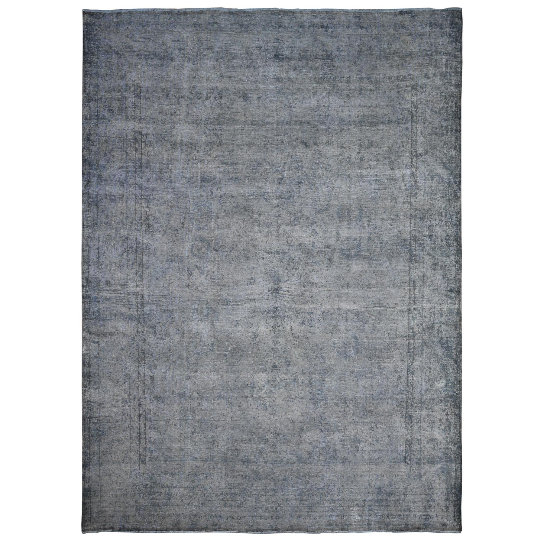 9'6"x12'5" Dim Gray, Worn Out And Distressed, Overdyed, Hand Knotted Vintage Persian Kerman, Pure And Soft Wool, Ends Secured And Cleaned, Broken Design, Oriental Rug HR89481