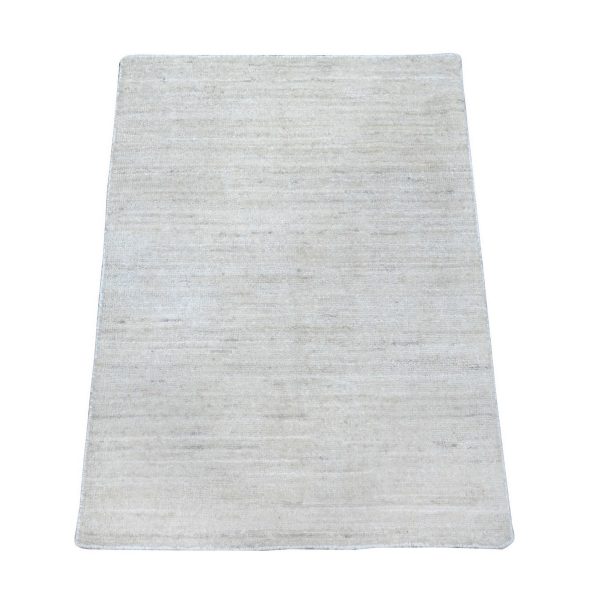 2'1"x3' Pearl White, Hand Knotted, Sample, Single Color Modern Peshawar with Plain Design, Shabby Chic, Natural Dyes, 100% Wool, Oriental Rug HR89734
