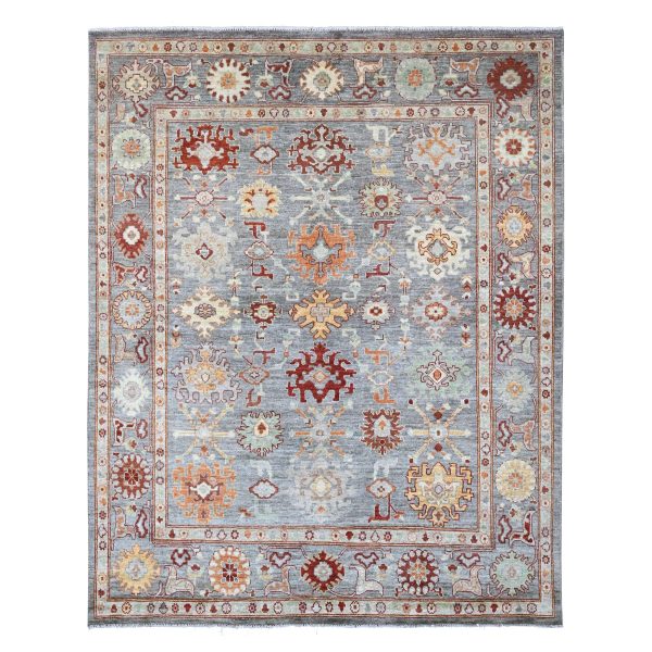 7'10"x9'9" Pewter Gray, 100% Wool,Afghan Angora Oushak with Geometric Leaf Design, Vegetable Dyes, Hand Knotted, Oriental Rug HR89759