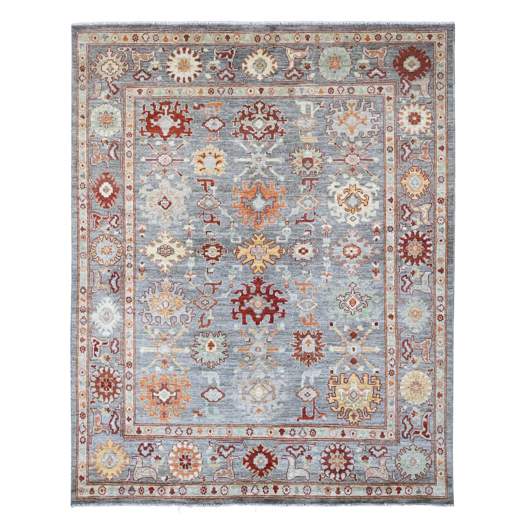 7'10"x9'9" Pewter Gray, 100% Wool,Afghan Angora Oushak with Geometric Leaf Design, Vegetable Dyes, Hand Knotted, Oriental Rug HR89759