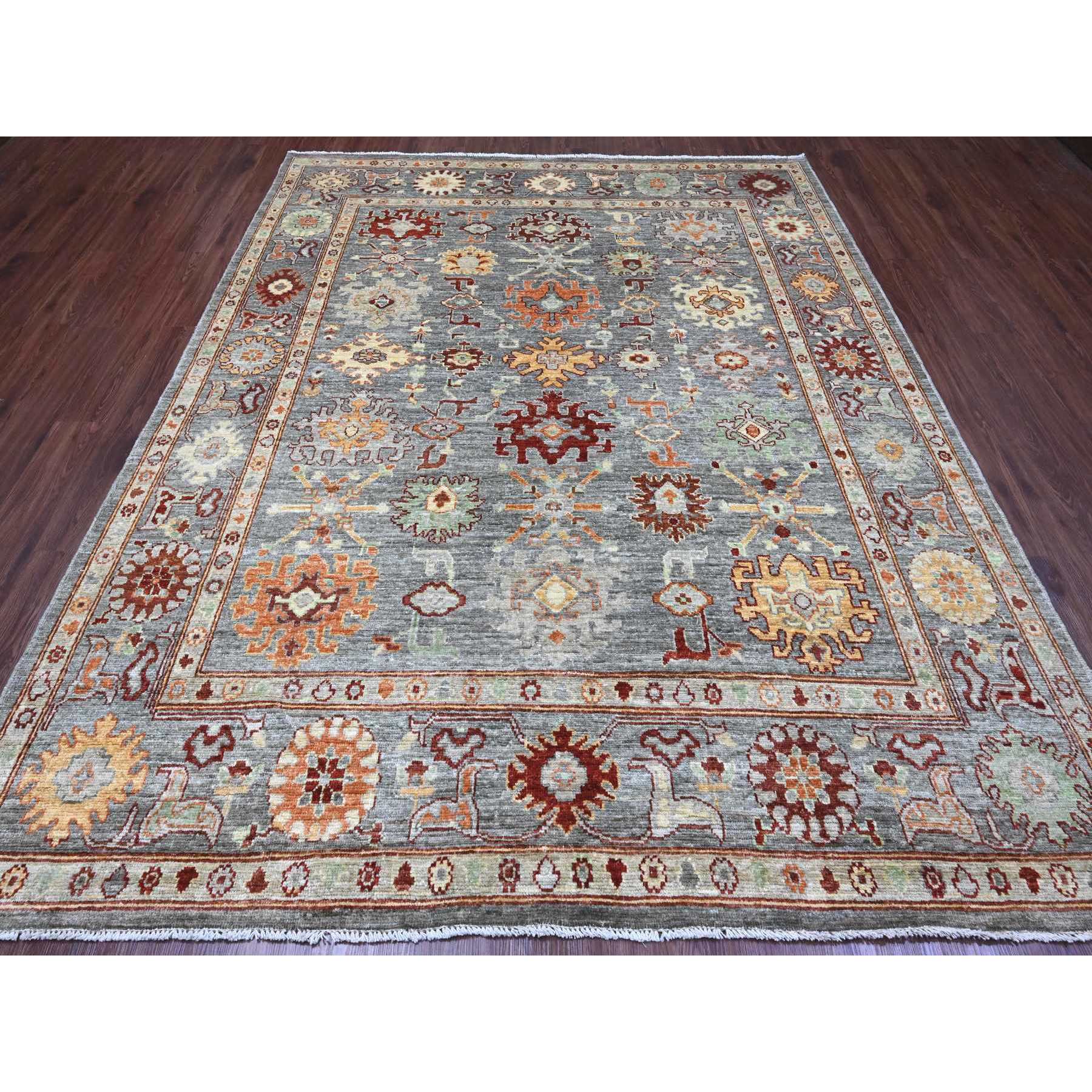 7'10"x9'9" Pewter Gray, 100% Wool,Afghan Angora Oushak with Geometric Leaf Design, Vegetable Dyes, Hand Knotted, Oriental Rug HR89759 - Image 2