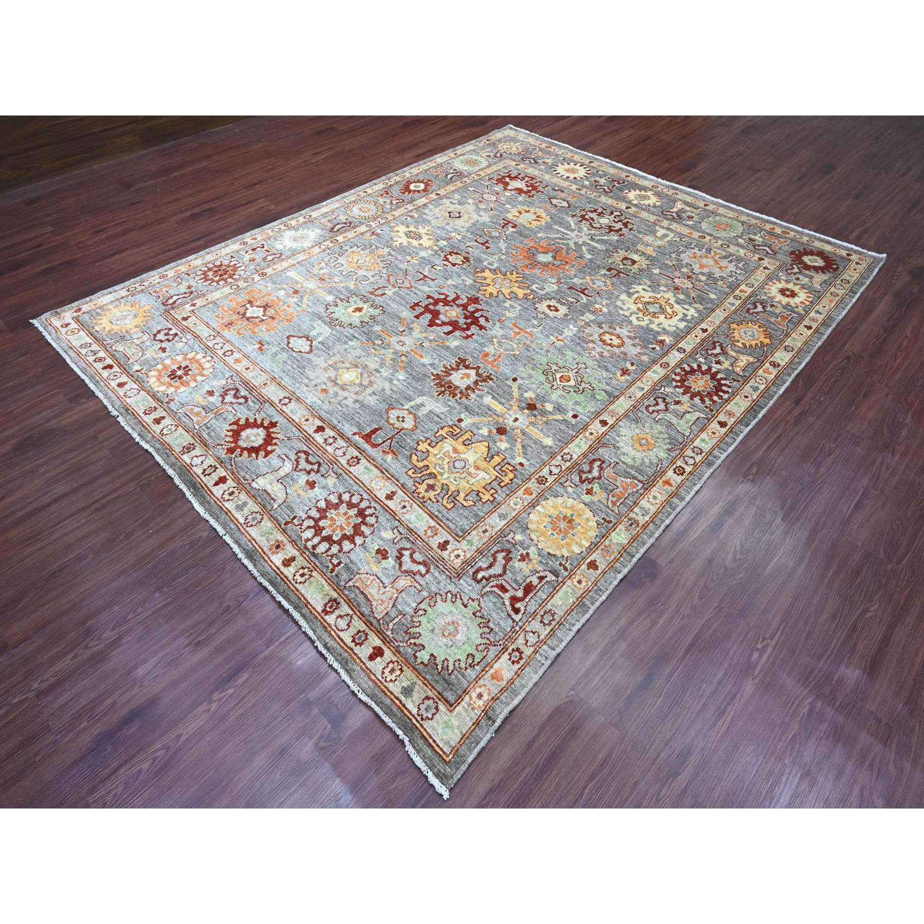 7'10"x9'9" Pewter Gray, 100% Wool,Afghan Angora Oushak with Geometric Leaf Design, Vegetable Dyes, Hand Knotted, Oriental Rug HR89759 - Image 3