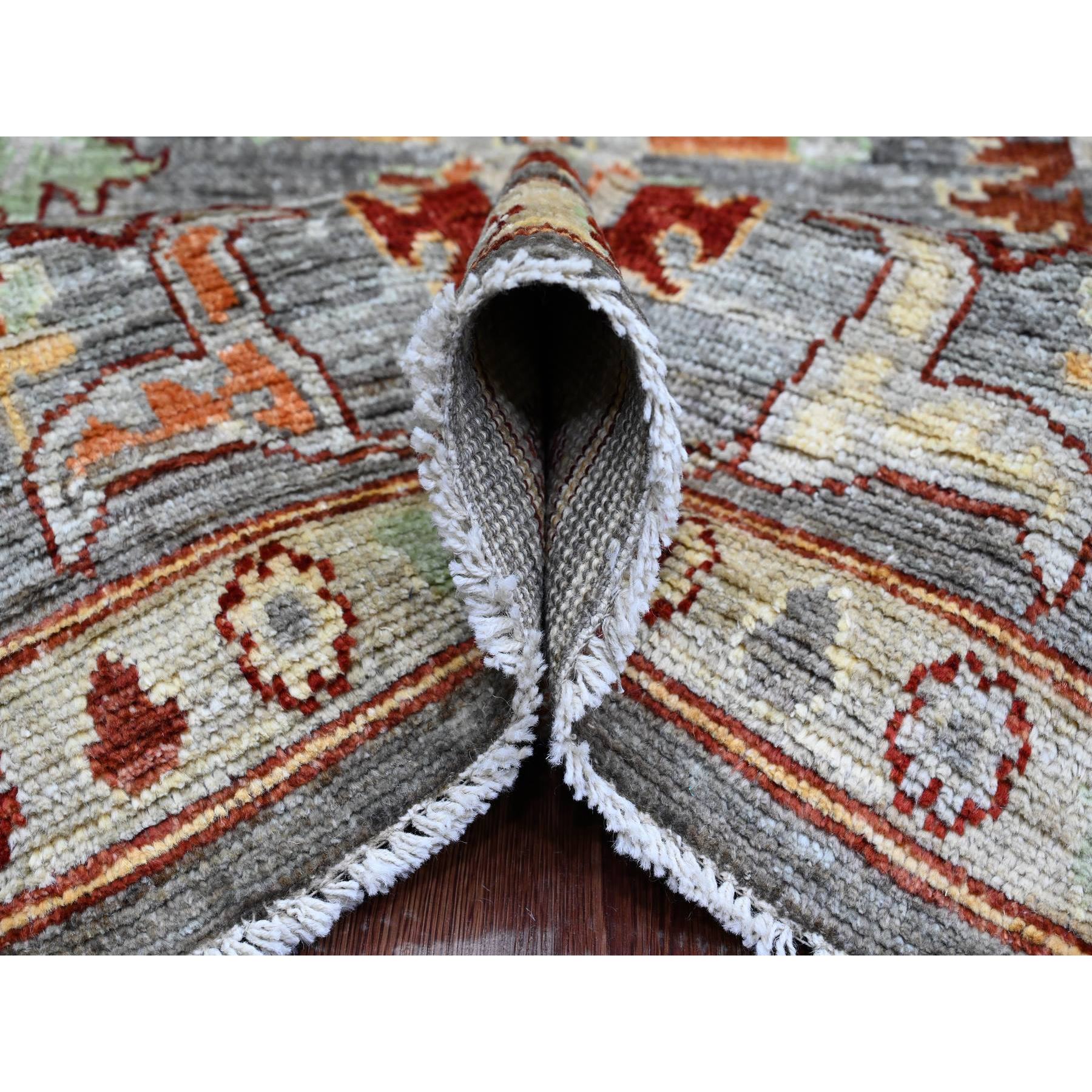 7'10"x9'9" Pewter Gray, 100% Wool,Afghan Angora Oushak with Geometric Leaf Design, Vegetable Dyes, Hand Knotted, Oriental Rug HR89759 - Image 5