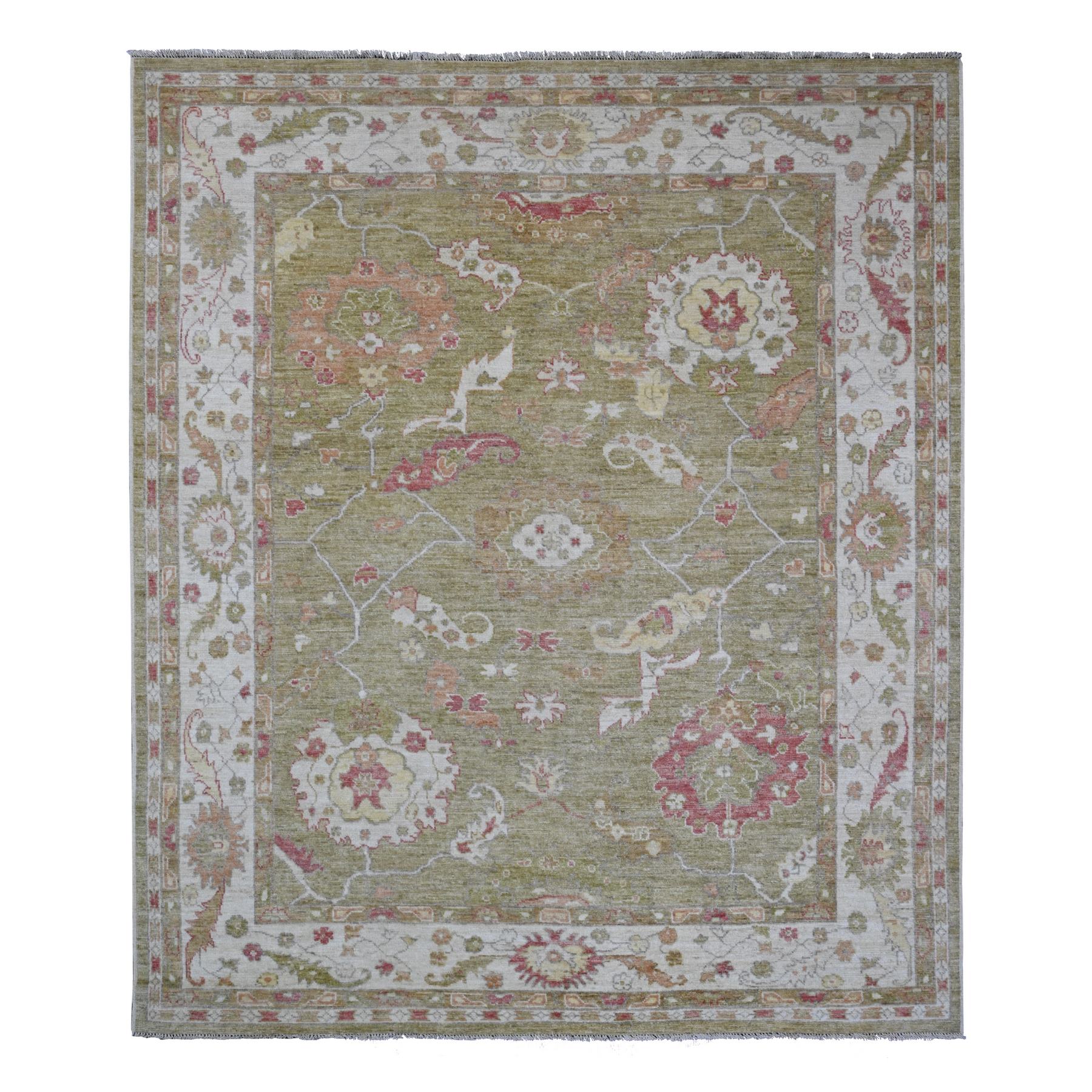 8'1"x9'7" Amber Green, Afghan Angora Oushak with Large Leaf Design, 100% Wool, Veggie Dyes, Hand Knotted, Oriental Rug HR89767