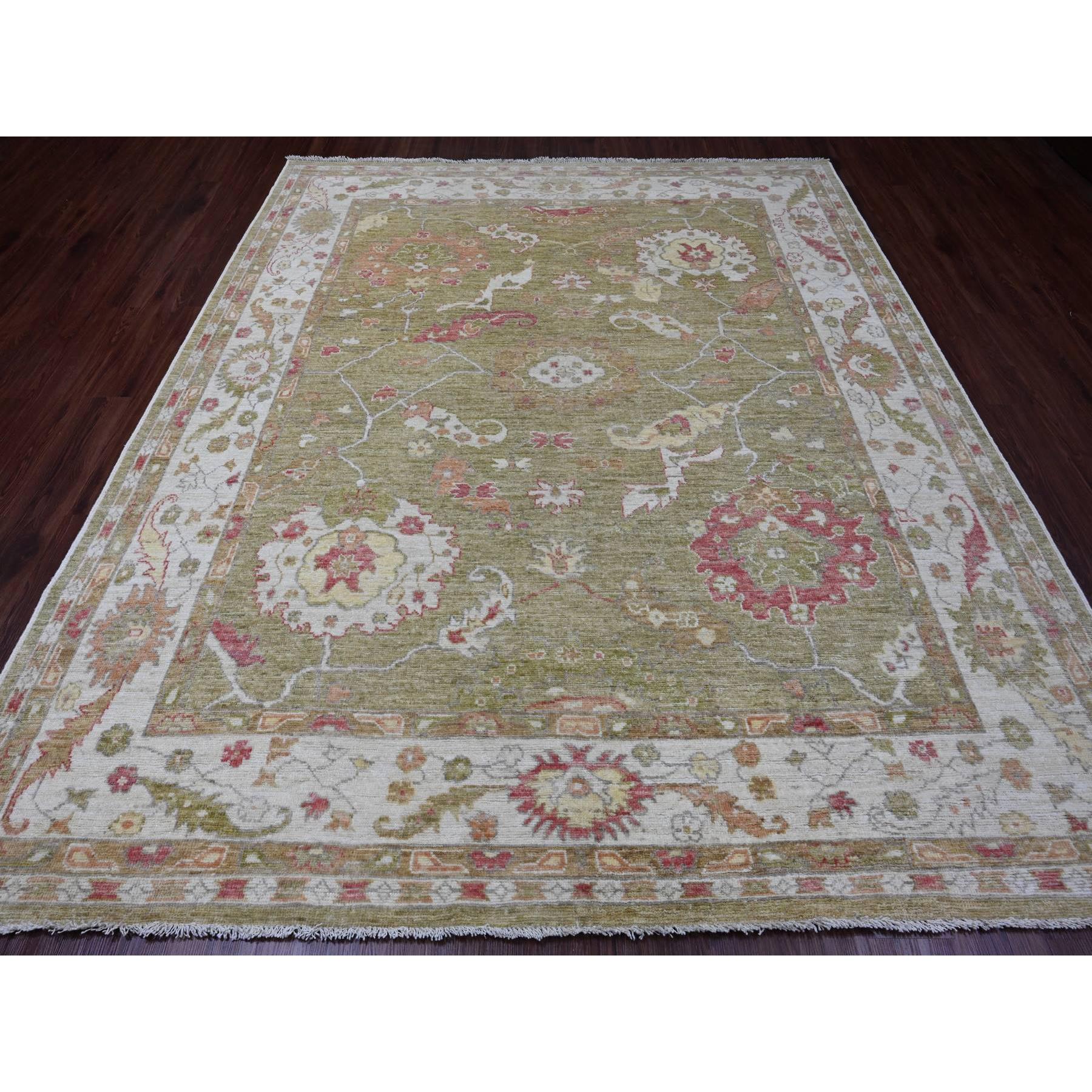 8'1"x9'7" Amber Green, Afghan Angora Oushak with Large Leaf Design, 100% Wool, Veggie Dyes, Hand Knotted, Oriental Rug HR89767 - Image 2