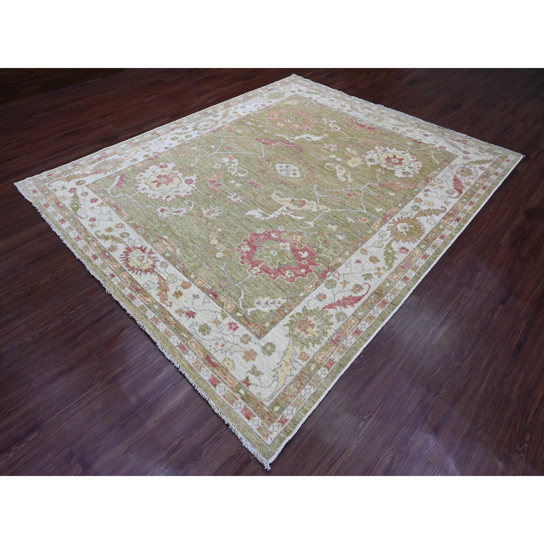 8'1"x9'7" Amber Green, Afghan Angora Oushak with Large Leaf Design, 100% Wool, Veggie Dyes, Hand Knotted, Oriental Rug HR89767 - Image 3