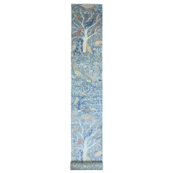 2'6"x25'7" Carolina Blue, Afghan Peshawar with Birds of Paradise Design, Hand Knotted, Vegetable Dyes, Soft Wool, XL Runner, Oriental Rug HR89823