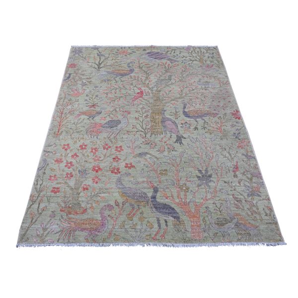 5'x6'2" Swamp Green, Afghan Peshawar with Birds of Paradise Design, Hand Knotted, Soft Wool, Vegetable Dyes, Oriental Rug HR89828