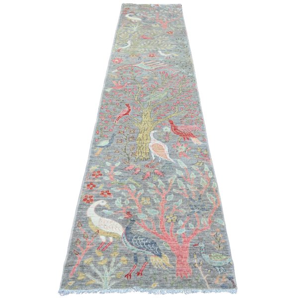 2'7"x11'8" Mink Gray, Afghan Peshawar with Birds of Paradise Design, Soft Wool, Natural Dyes, Hand Knotted, Runner, Oriental Rug HR89839