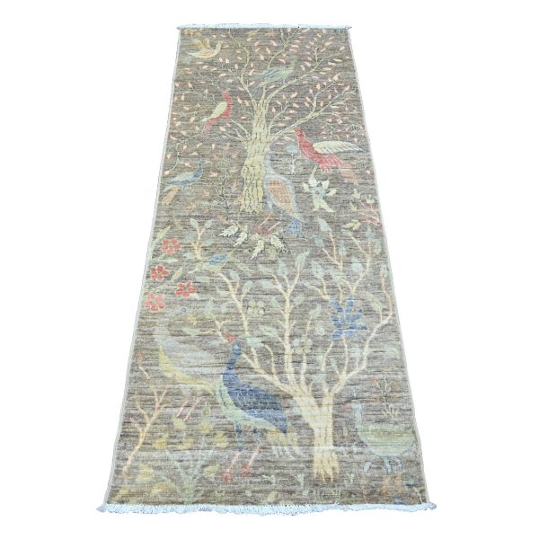 2'4"x6'1" Stone Gray, Hand Knotted, Afghan Peshawar with Birds of Paradise Design, Veggie Dyes, 100% Wool, Runner, Oriental Rug HR89840