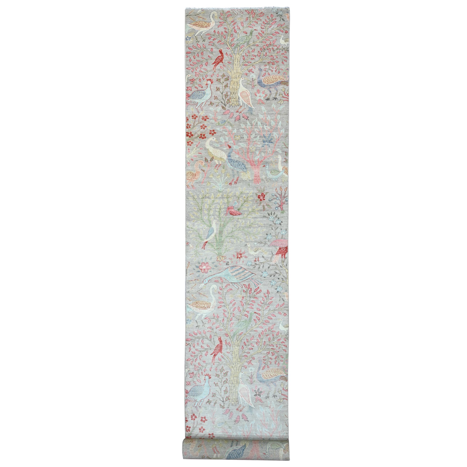 3'x24' Cloud Gray, Hand Knotted, Afghan Peshawar with Birds of Paradise Design, Soft Wool, Vegetable Dyes, XL Runner, Oriental Rug HR89841