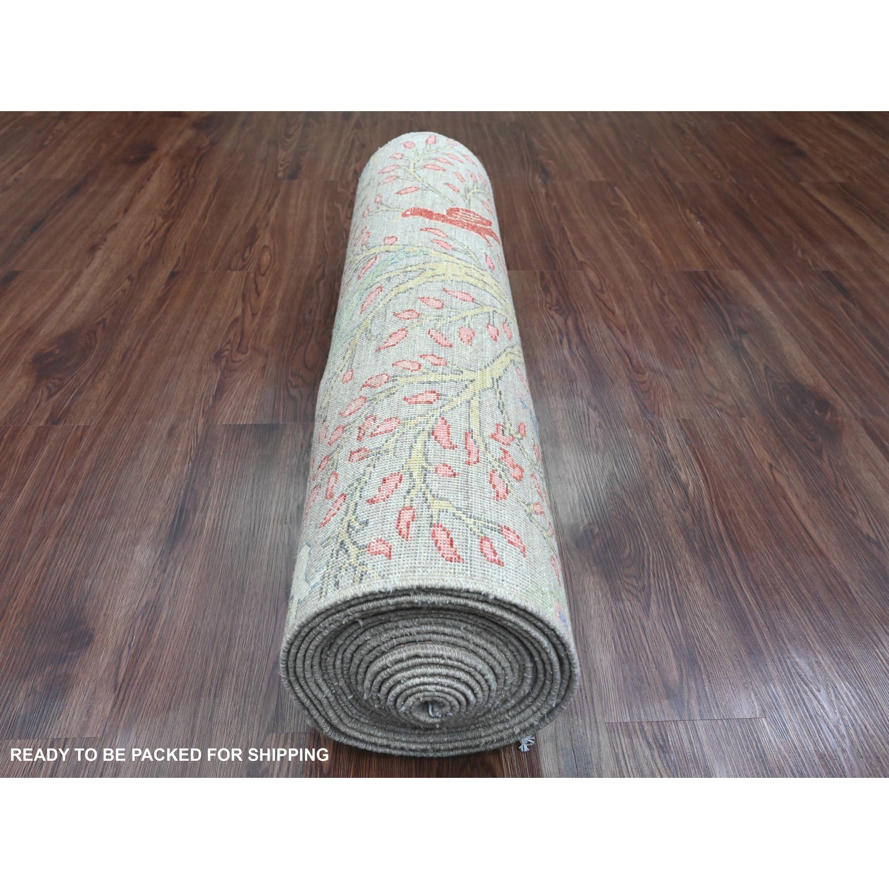 3'x24' Cloud Gray, Hand Knotted, Afghan Peshawar with Birds of Paradise Design, Soft Wool, Vegetable Dyes, XL Runner, Oriental Rug HR89841 - Image 4