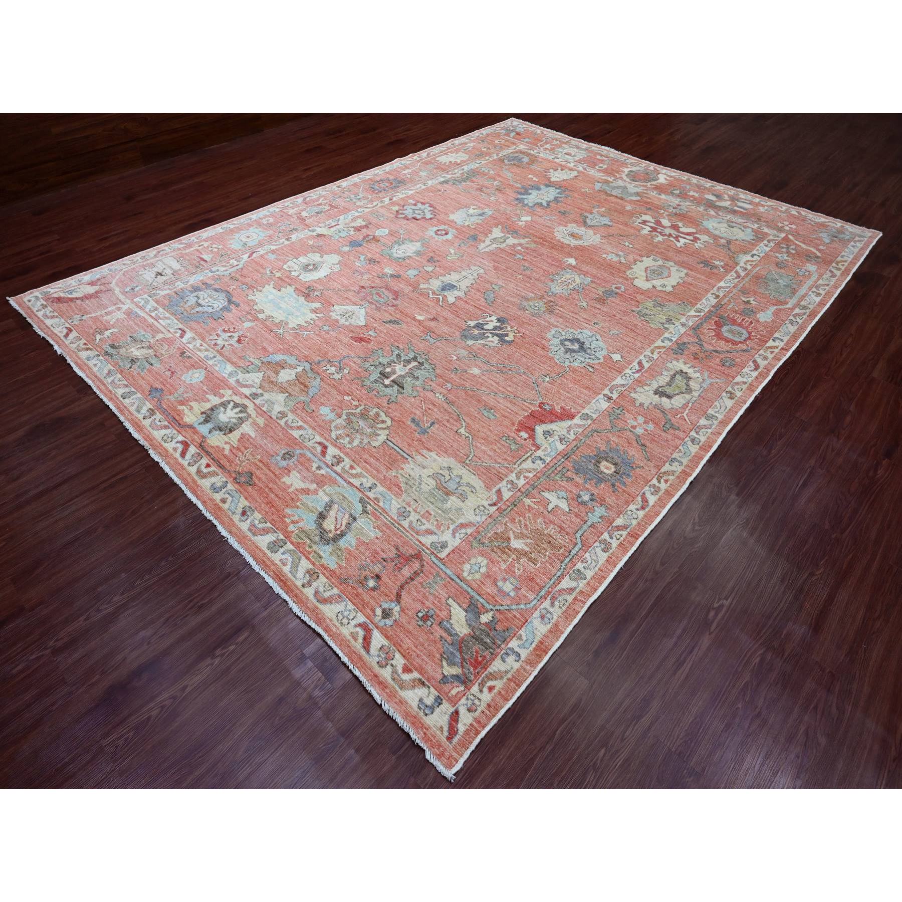 9'x11'9" Blush Red, 100% Wool, Afghan Angora Oushak with Floral Design, Natural Dyes, Hand Knotted, Oriental Rug HR89869 - Image 3