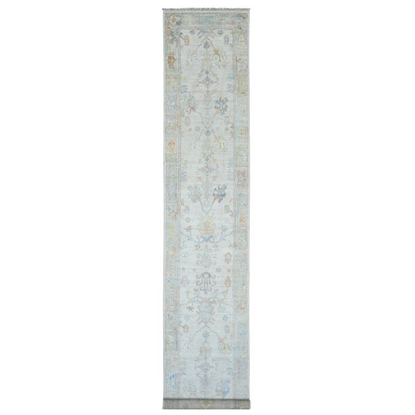 2'8"x15'7" Bone White, Afghan Angora Ushak with Colorful Leaf Design, Veggie Dyes, Pure Wool, Hand Knotted, XL Runner, Oriental Rug HR89879