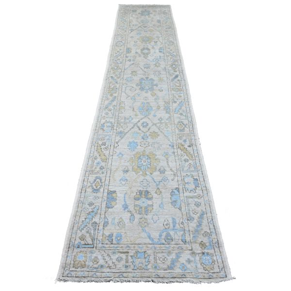 2'8"x13'6" Pearl White, 100% Wool, Hand Knotted, Afghan Angora Oushak with Geometric Leaf Design, Veggie Dyes, Runner, Oriental Rug HR89892