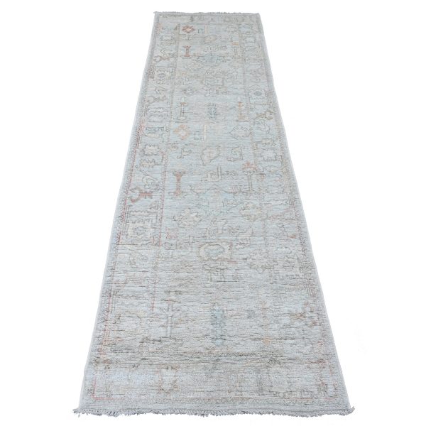 2'8"x9'8" Misty Gray, Hand Knotted, Afghan Angora Oushak with Cypress Tree Design, Veggie Dyes, 100% Wool, Runner, Oriental Rug HR89900