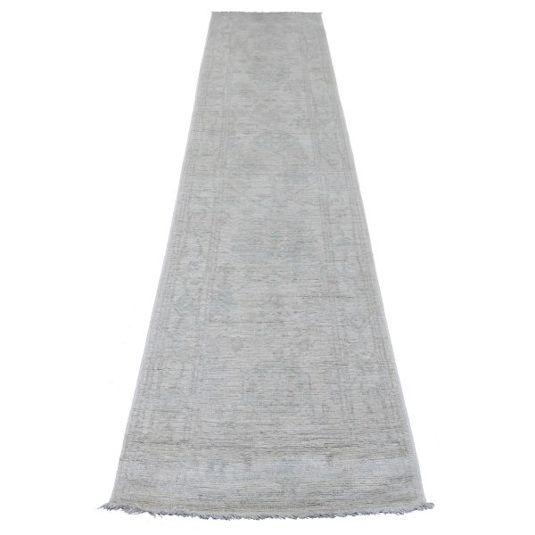 2'7"x11'7" Pastel Gray, Afghan Angora Oushak with Large Leaf Design, Natural Dyes, 100% Wool, Hand Knotted, Runner, Oriental Rug HR89903