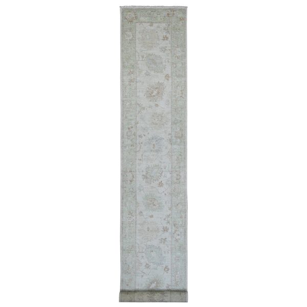 2'10"x19' Lace White, Afghan Angora Oushak with Soft Color Leaf Design, Natural Dyes, 100% Wool, Hand Knotted, XL Runner, Oriental Rug HR89907