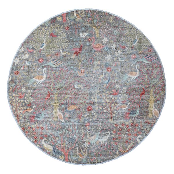 9'9"x9'9" Spanish Gray, Afghan Peshawar with Birds of Paradise Design, Hand Knotted, 100% Wool, Natural Dyes, Round, Oriental Rug HR89908