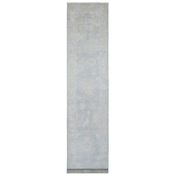 3'1"x15'6" Misty Gray, Afghan Angora Oushak with Large Leaf Design, Vegetable Dyes, Hand Knotted, 100% Wool, XL Runner, Oriental Rug HR89928