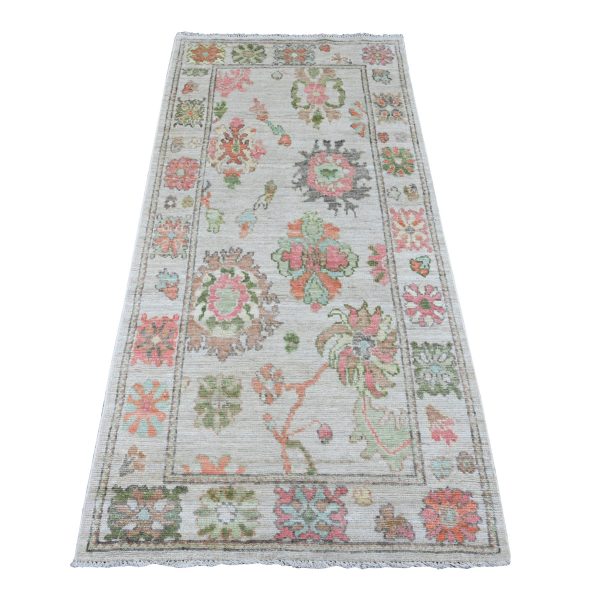 3'x6' Cotton White, Afghan Angora Oushak with Colorful Leaf Design, Veggie Dyes, Hand Knotted, Pure Wool, Runner, Oriental Rug HR89949