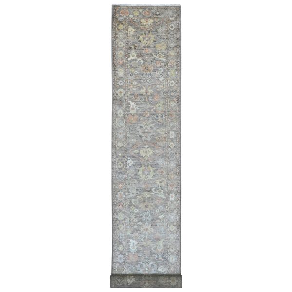 3'2"x23'7" Cedar Brown, Hand Knotted, Afghan Angora Oushak with All Over Leaf Design, Vegetable Dyes, 100% Wool, XL Runner, Oriental Rug HR89950