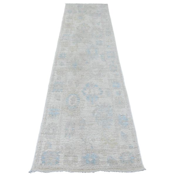 2'7"x9'10" Cotton White, Afghan Angora Oushak with All Over Leaf Design, Natural Dyes, Hand Knotted, 100% Wool, Runner, Oriental Rug HR89957