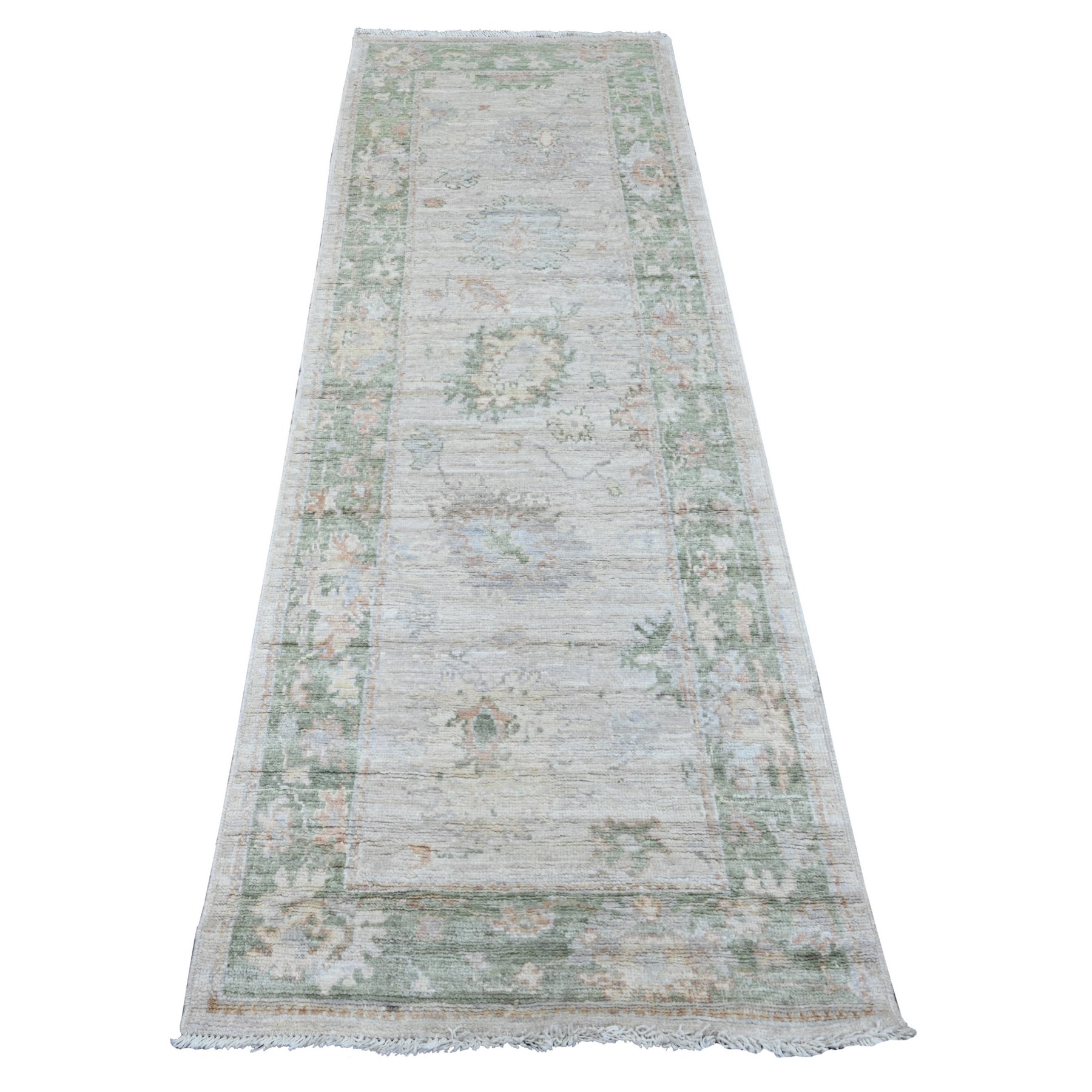 2'8"x8' Bone White, Afghan Angora Oushak with Large Leaf Design, Veggie Dyes, 100% Wool, Hand Knotted, Runner, Oriental Rug HR89958