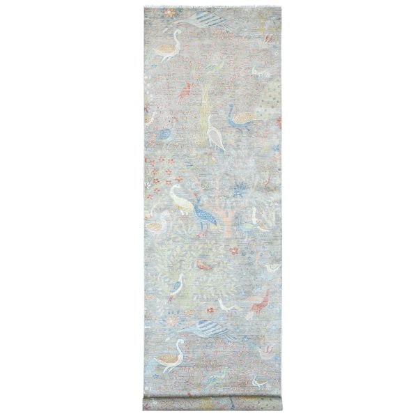4'x15'9" Misty Gray, Soft Wool, Afghan Peshawar with Birds of Paradise Design, Hand Knotted, Vegetable Dyes, XL Runner, Oriental Rug HR89977