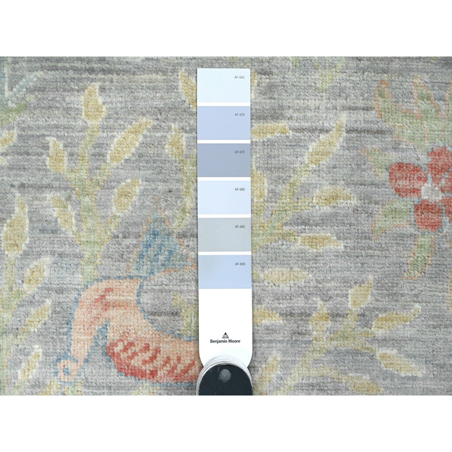 4'x15'9" Misty Gray, Soft Wool, Afghan Peshawar with Birds of Paradise Design, Hand Knotted, Vegetable Dyes, XL Runner, Oriental Rug HR89977 - Image 3