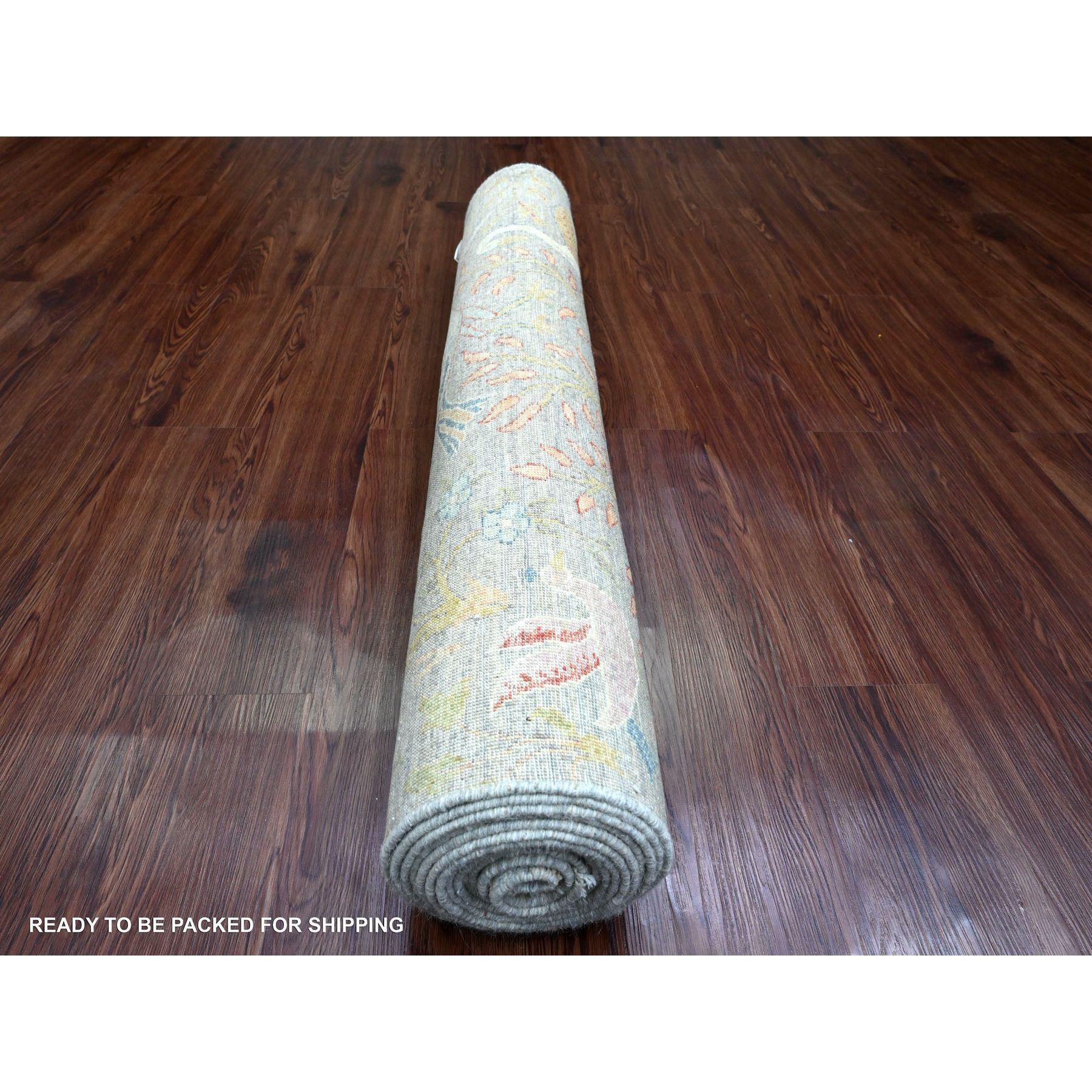 4'x15'9" Misty Gray, Soft Wool, Afghan Peshawar with Birds of Paradise Design, Hand Knotted, Vegetable Dyes, XL Runner, Oriental Rug HR89977 - Image 4
