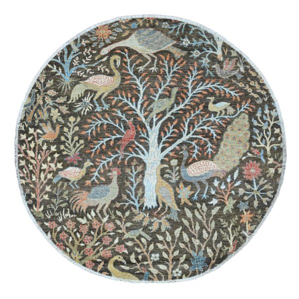 6'x6' Dim Gray, Afghan Peshawar, Tree of Life, Birds of Paradise Design, Hand Knotted, Vegetable Dyes, 100% Wool, Round, Oriental Rug HR89982