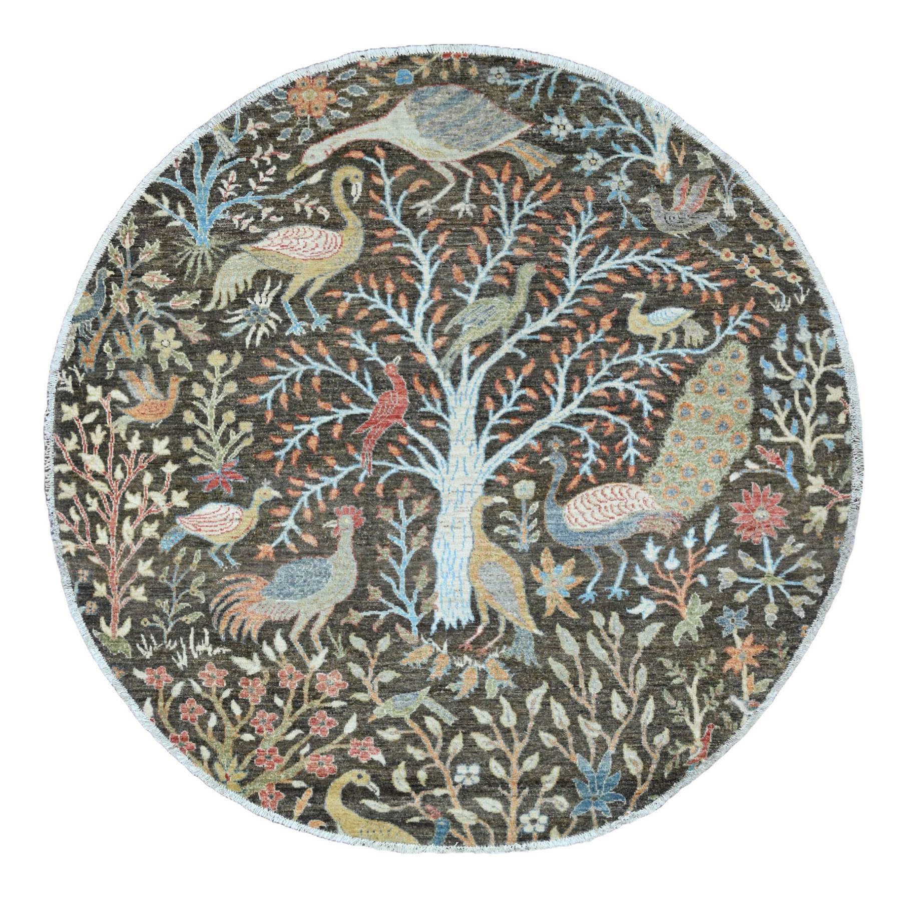 6'x6' Dim Gray, Afghan Peshawar, Tree of Life, Birds of Paradise Design, Hand Knotted, Vegetable Dyes, 100% Wool, Round, Oriental Rug HR89982