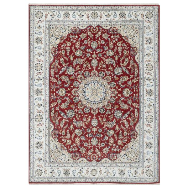 8'9"x12' Falu Red, Nain with Center Medallion Flower Design, Hand Knotted, Wool and Silk, 250 KPSI, Oriental Rug HR90869
