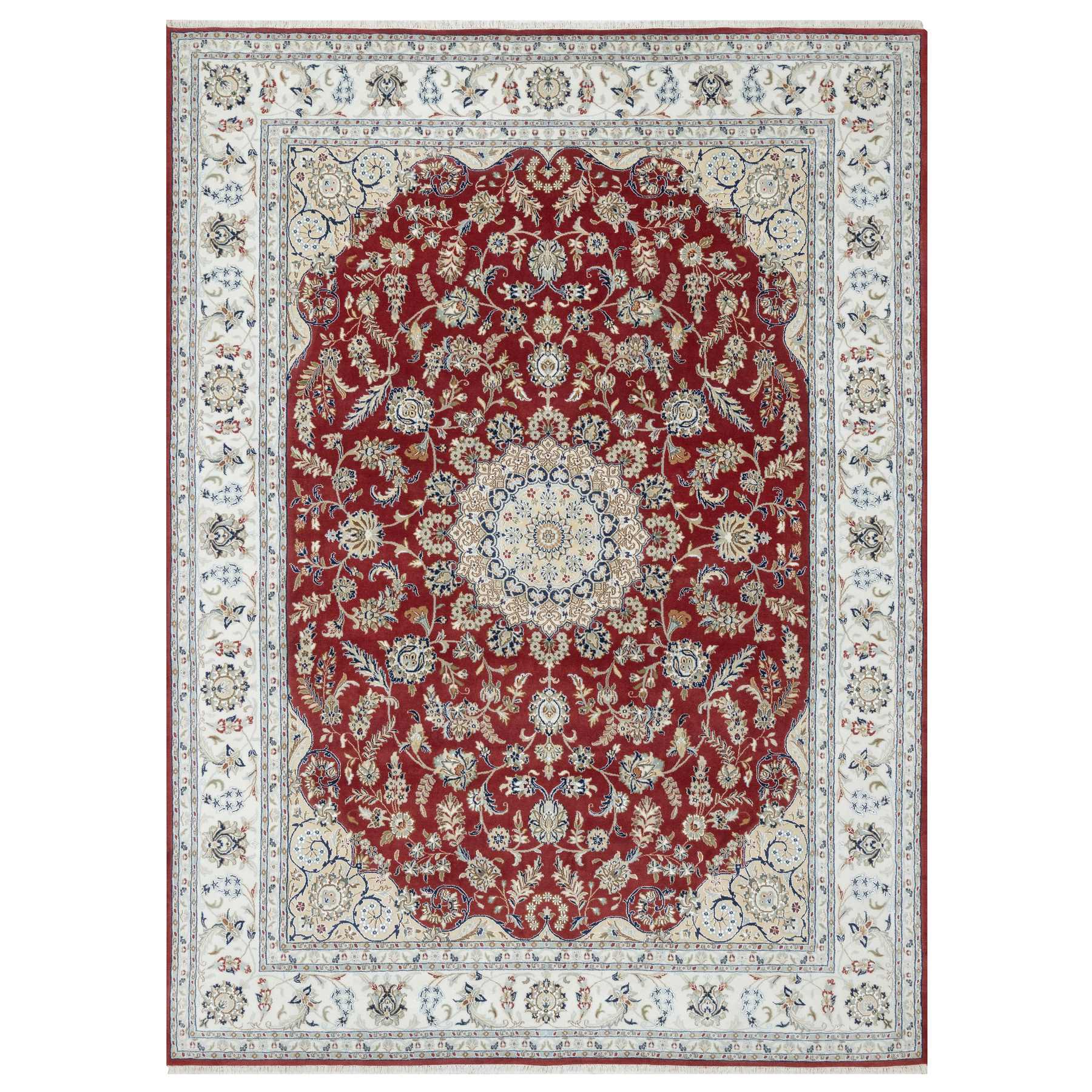 8'9"x12' Falu Red, Nain with Center Medallion Flower Design, Hand Knotted, Wool and Silk, 250 KPSI, Oriental Rug HR90869