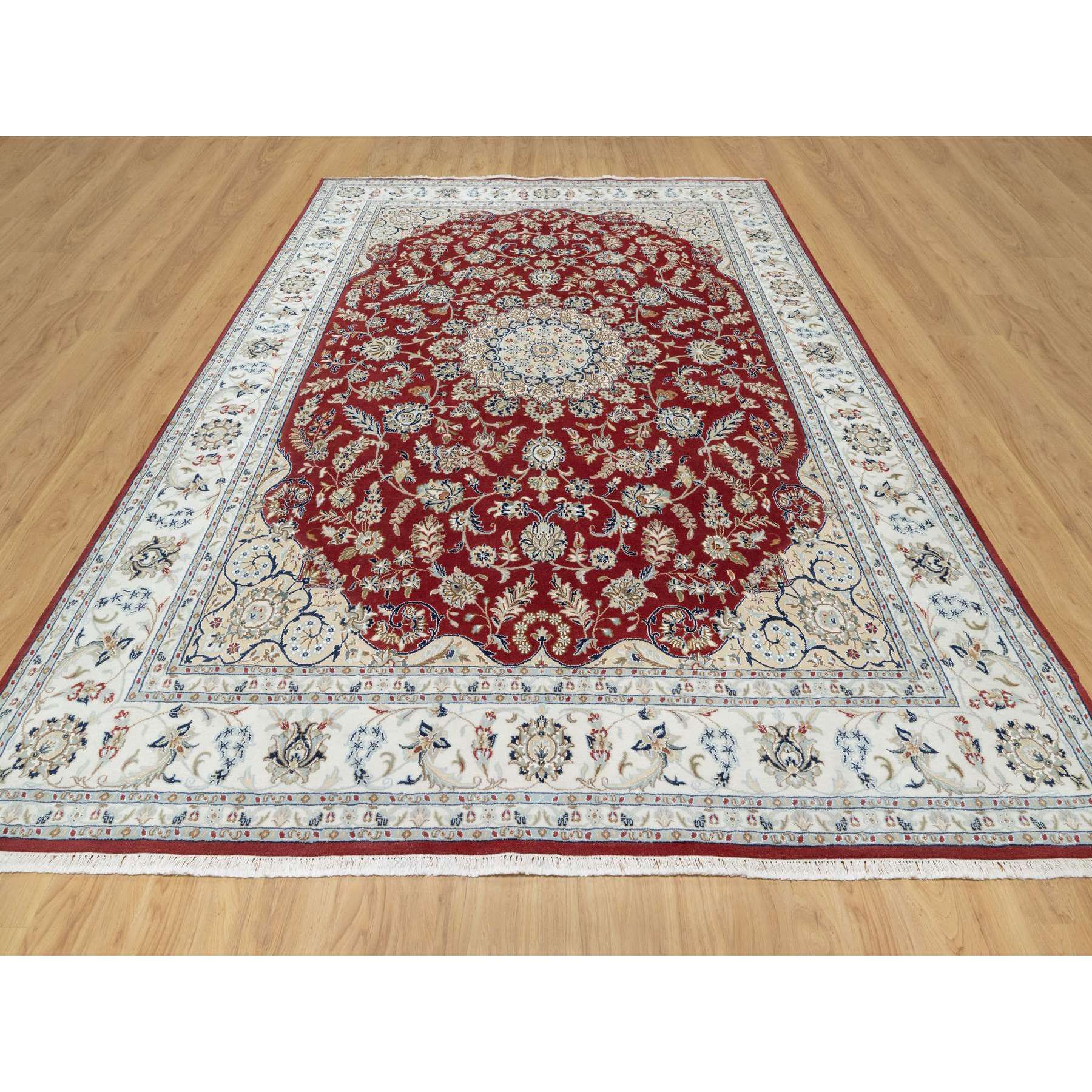 8'9"x12' Falu Red, Nain with Center Medallion Flower Design, Hand Knotted, Wool and Silk, 250 KPSI, Oriental Rug HR90869 - Image 2