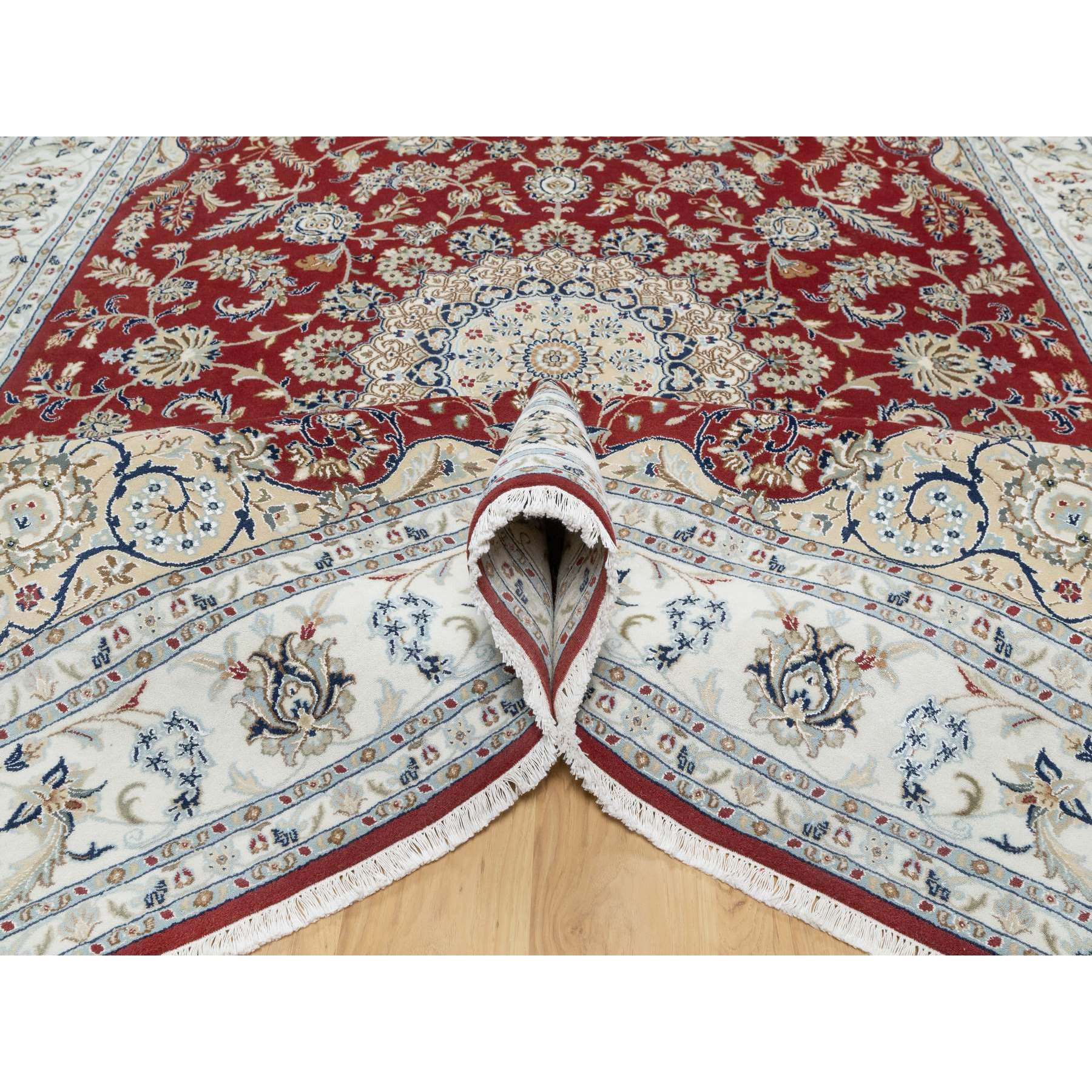 8'9"x12' Falu Red, Nain with Center Medallion Flower Design, Hand Knotted, Wool and Silk, 250 KPSI, Oriental Rug HR90869 - Image 5