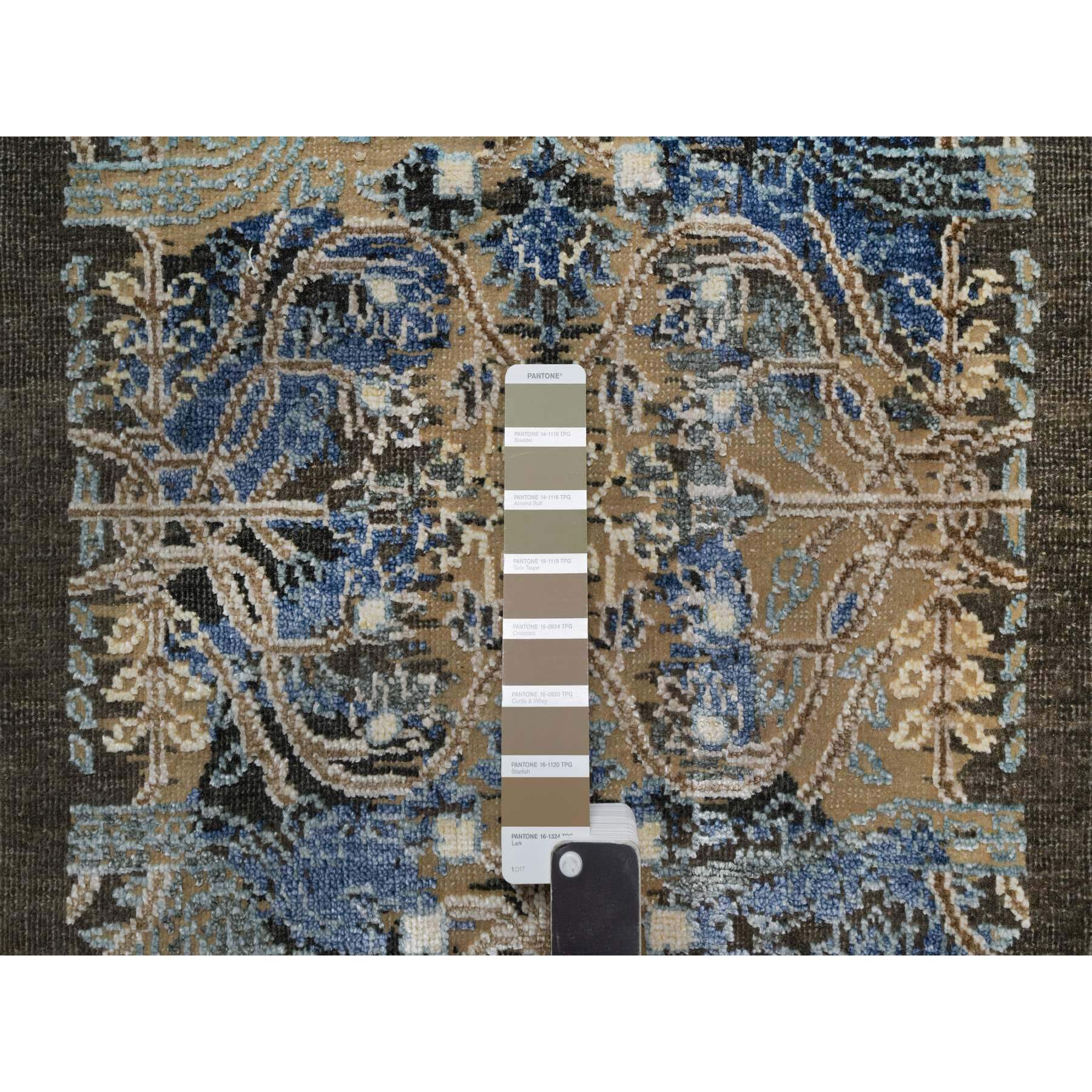 2'x3' Khaki Brown, Broken and Erased Persian Sarouk Design, Denser Weave, Natural Dyes, Hand Knotted, Wool and Silk, Mat, Oriental Rug HR91156 - Image 4