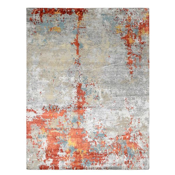 9'x11'9" Flame Orange with Cloud Gray, Densely Woven, Abstract with Fire Mosaic Design, Wool and Silk, Hand Knotted, Oriental Rug HR10181