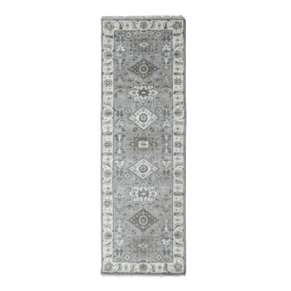 2'7"x8' Medium Gray, Karajeh Design with Tribal Medallions, Pure Wool, Hand Knotted, Natural Dyes, Runner, Oriental Rug HR10185