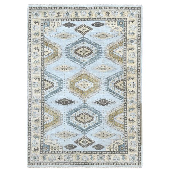 6'2"x9'1" Pastel Gray with Gold, Persian Village Inspired Geometric Elements Design, Pure Wool, Vegetable Dyes, Densely Woven, Hand Knotted, Oriental Rug HR10191