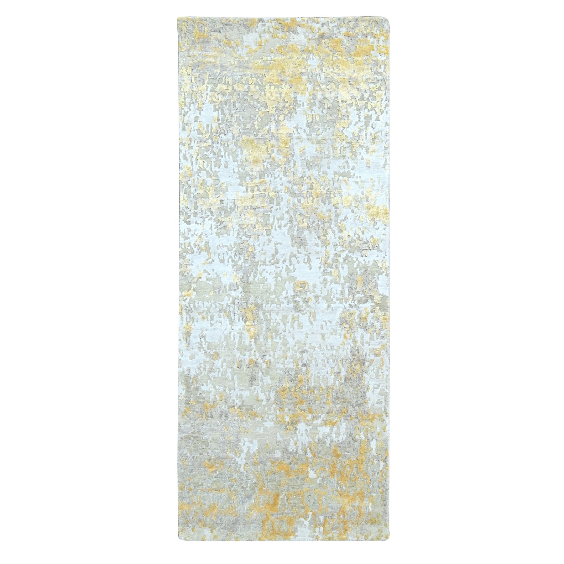 2'6"x6' Beige with Gold, Abstract Design, Wool and Silk, Hi-Low Pile, Denser Weave, Hand Knotted, Runner, Oriental Rug HR10197