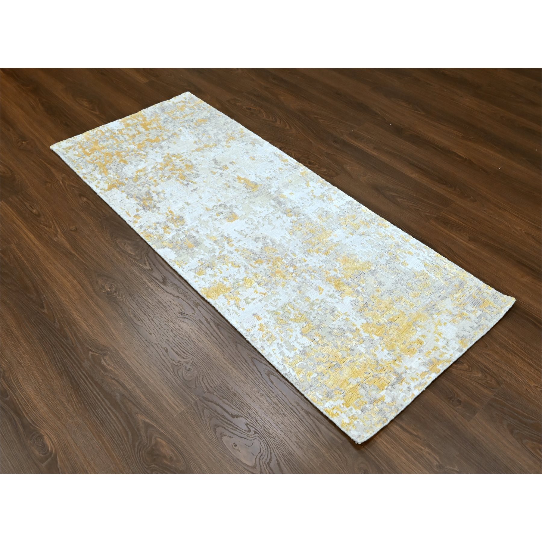 2'6"x6' Beige with Gold, Abstract Design, Wool and Silk, Hi-Low Pile, Denser Weave, Hand Knotted, Runner, Oriental Rug HR10197 - Image 2