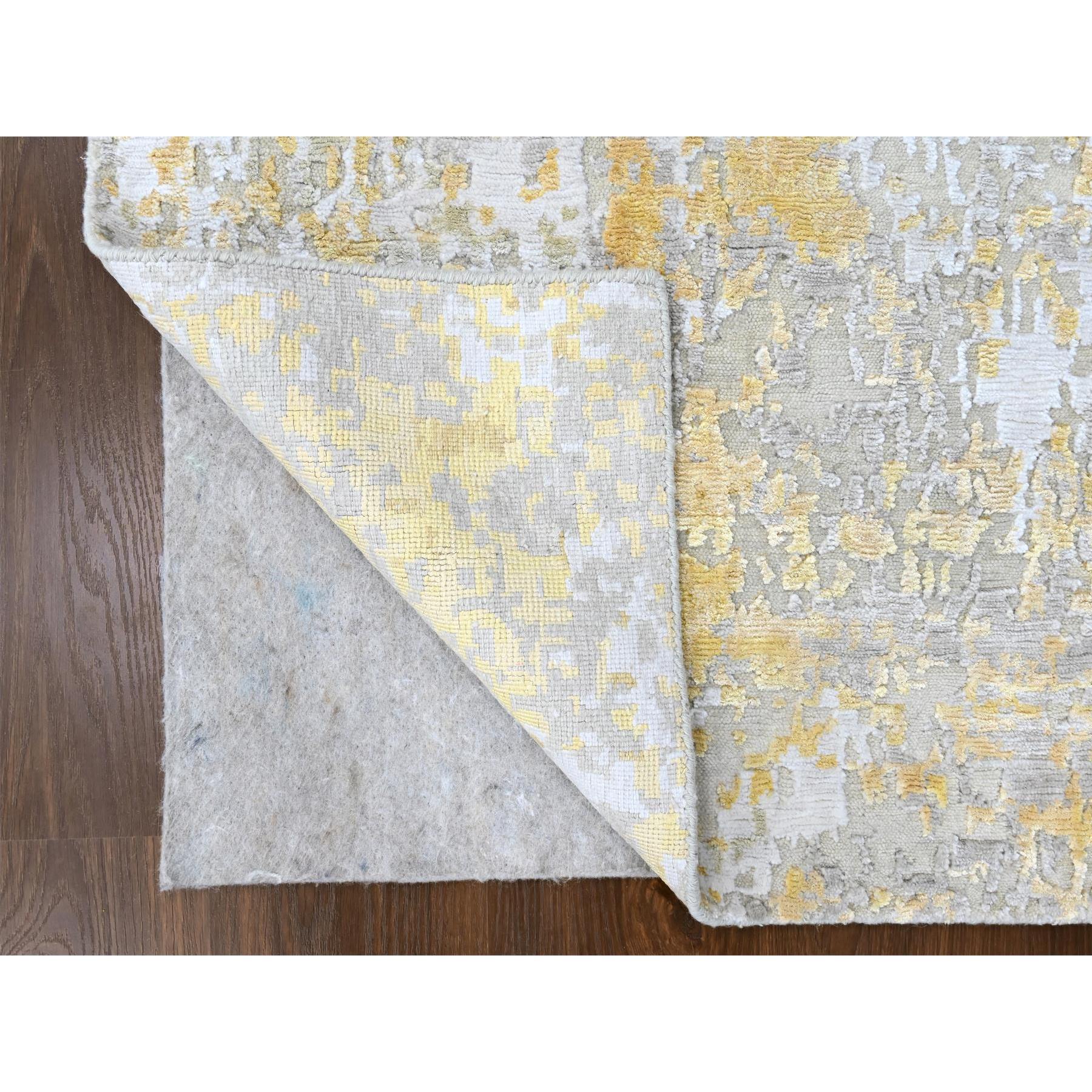 2'6"x6' Beige with Gold, Abstract Design, Wool and Silk, Hi-Low Pile, Denser Weave, Hand Knotted, Runner, Oriental Rug HR10197 - Image 3
