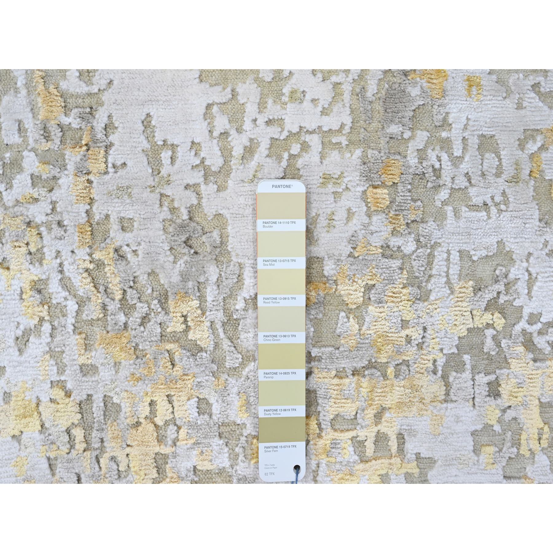 2'6"x6' Beige with Gold, Abstract Design, Wool and Silk, Hi-Low Pile, Denser Weave, Hand Knotted, Runner, Oriental Rug HR10197 - Image 4