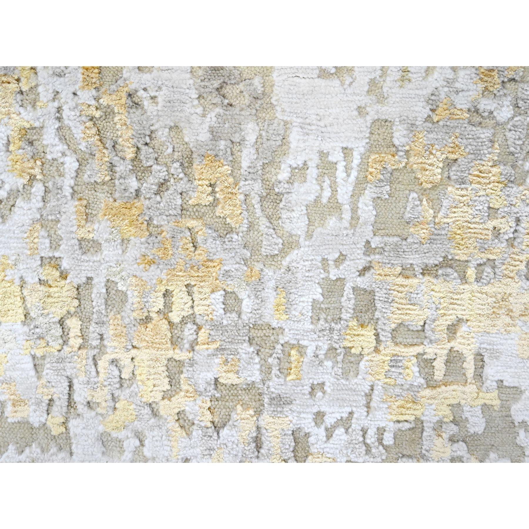 2'6"x6' Beige with Gold, Abstract Design, Wool and Silk, Hi-Low Pile, Denser Weave, Hand Knotted, Runner, Oriental Rug HR10197 - Image 5