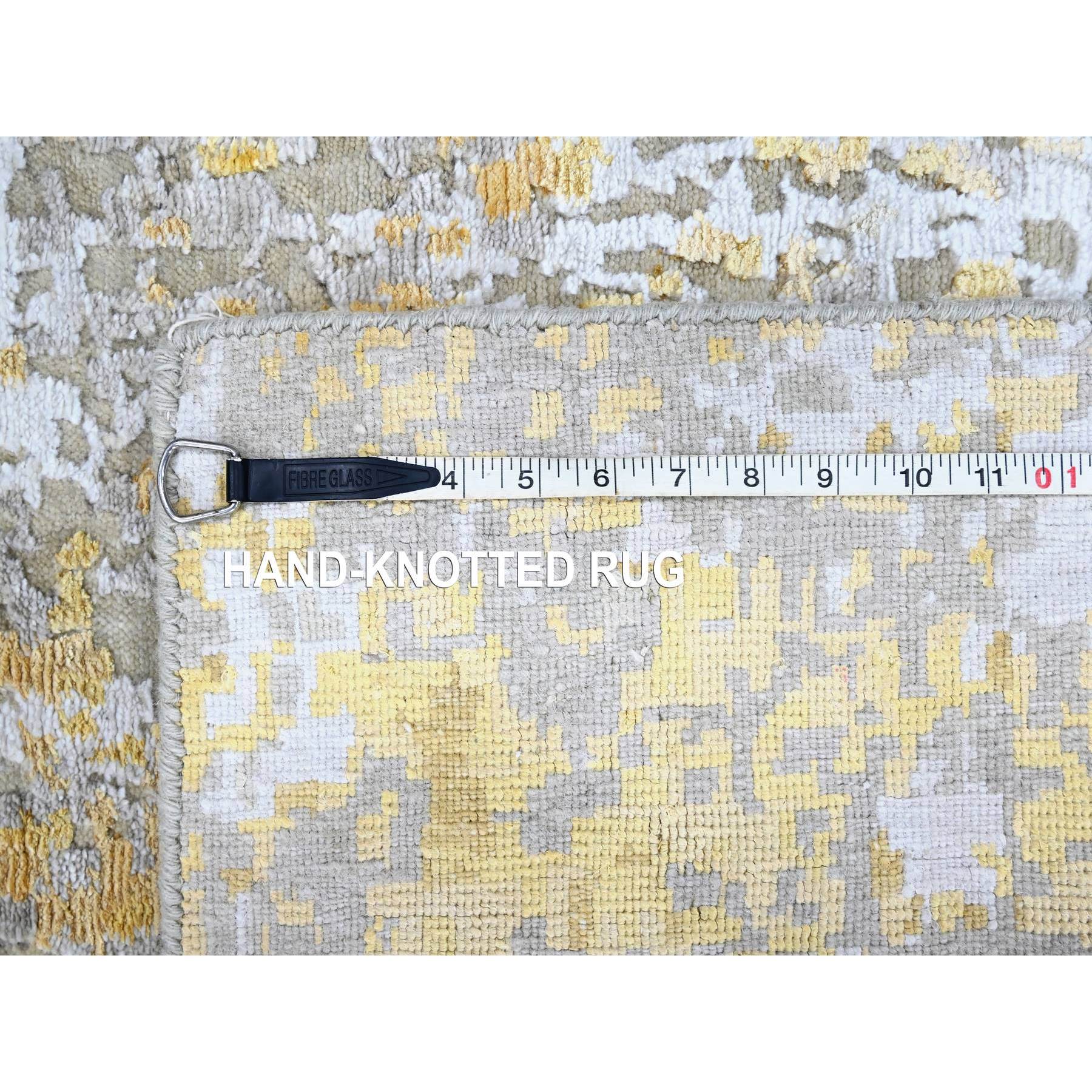 2'6"x6' Beige with Gold, Abstract Design, Wool and Silk, Hi-Low Pile, Denser Weave, Hand Knotted, Runner, Oriental Rug HR10197 - Image 8