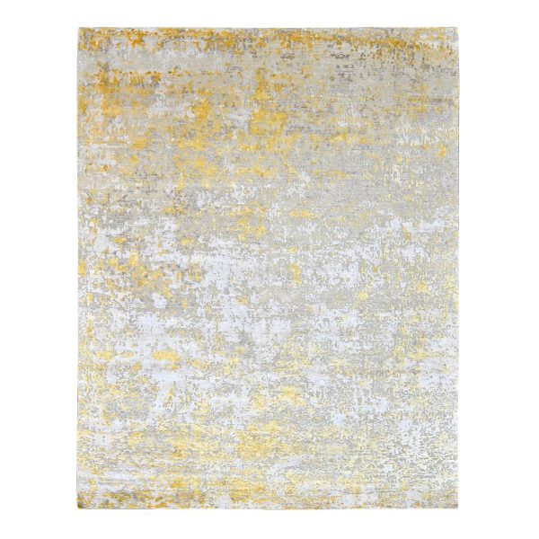 8'x9'9" Beige with Gold, Wool and Silk, Abstract Design, Denser Weave, Hi-Low Pile, Hand Knotted, Oriental Rug HR10199